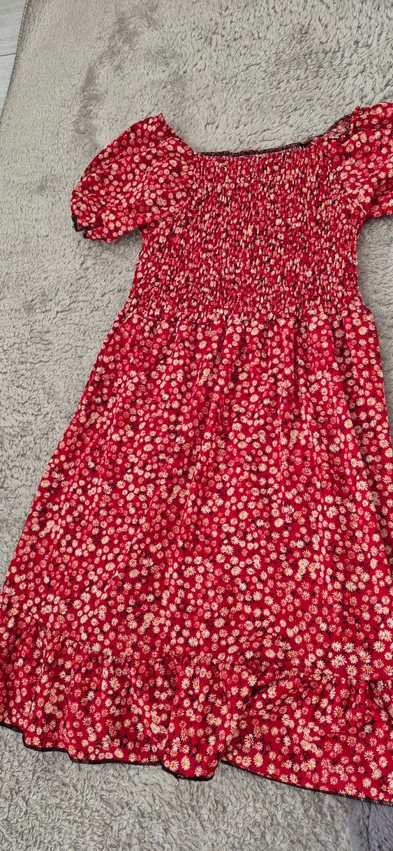 Kırmızı Çiçek Desenli Bohem Elbise - Görsel 2