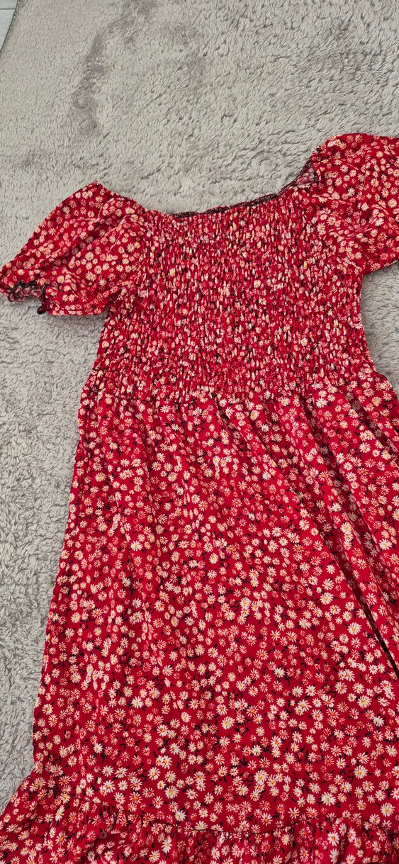 Kırmızı Çiçek Desenli Bohem Elbise - Görsel 3