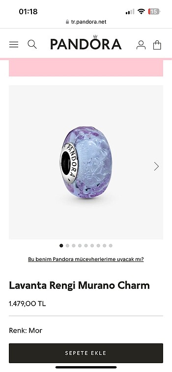Lavanta rengi murano charm