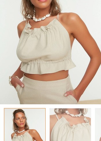 34 Beden Bej V Yaka Keten Fırfırlı Crop Top