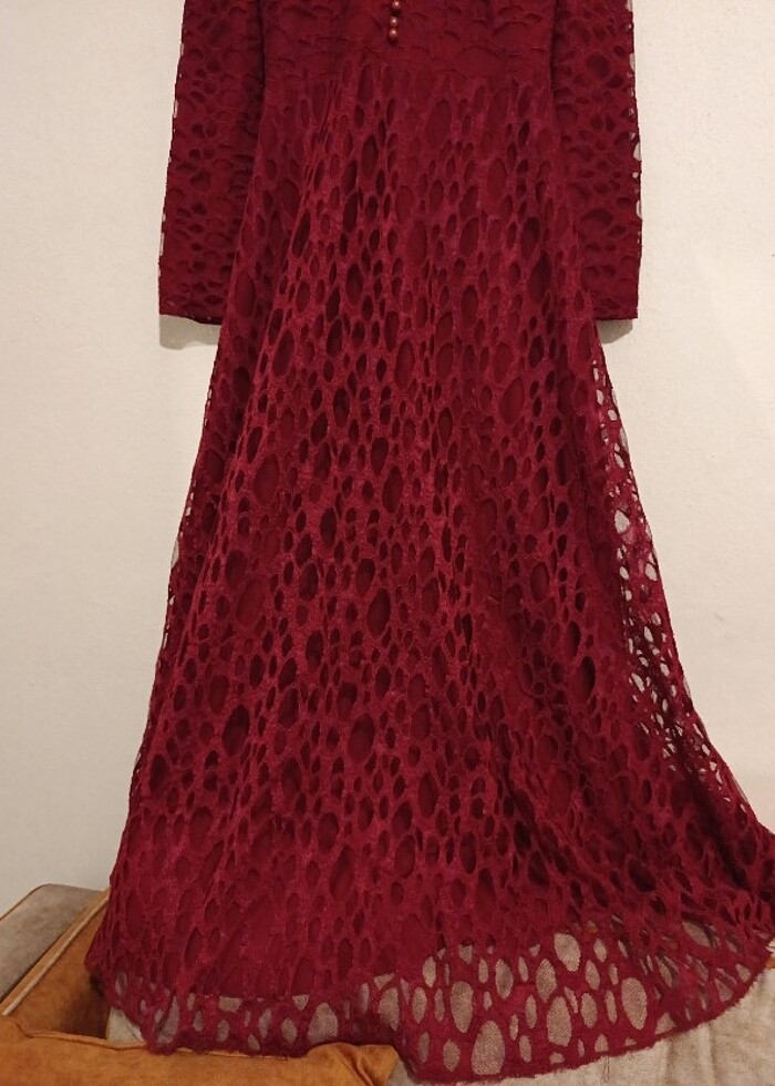 Bordo tüllü elbise - Görsel 4