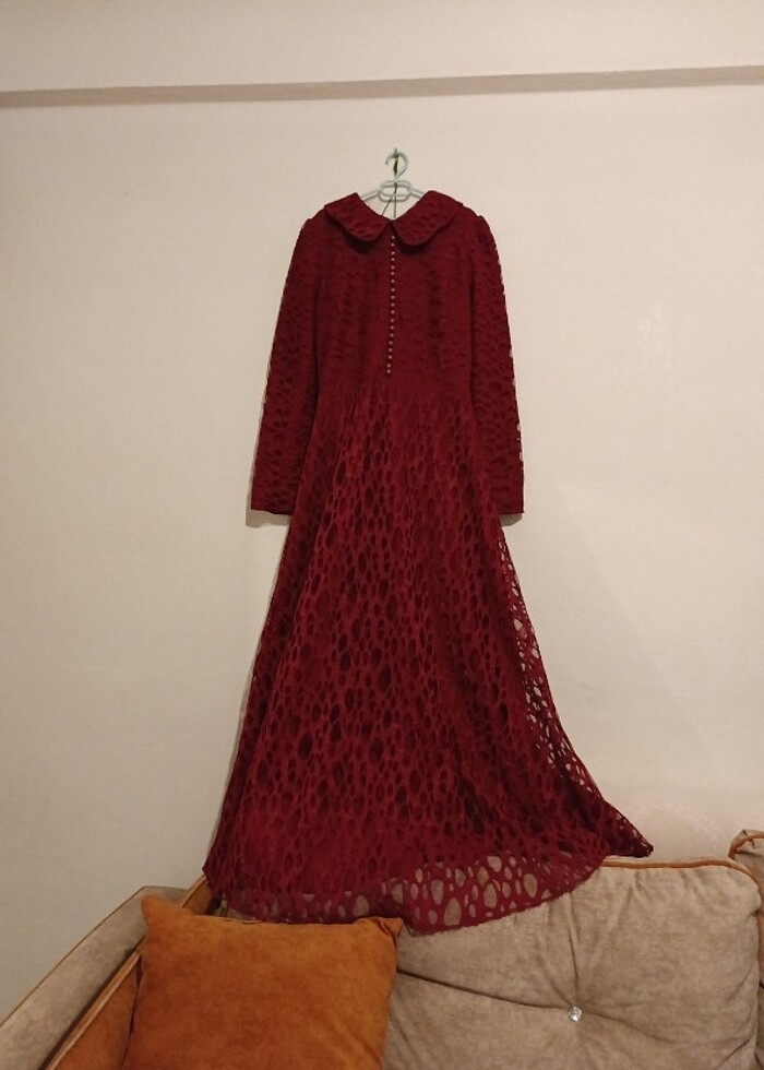 Bordo tüllü elbise - Görsel 5