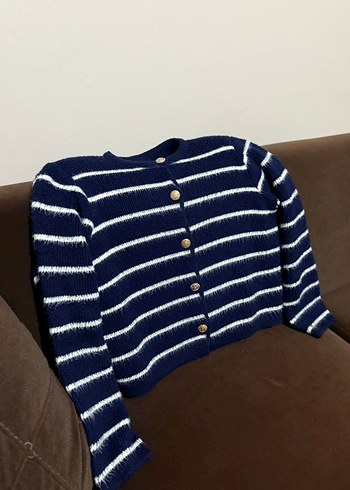 Lacivert Çizgili Kadın Triko Hırka - Görsel 5