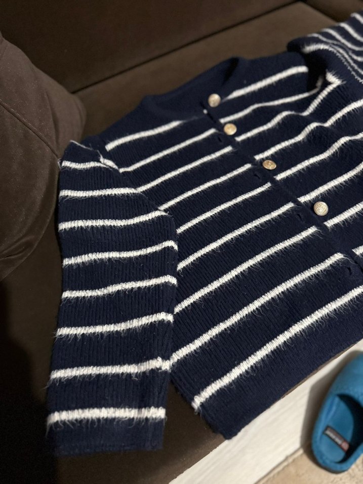 Lacivert Çizgili Kadın Triko Hırka - Görsel 2