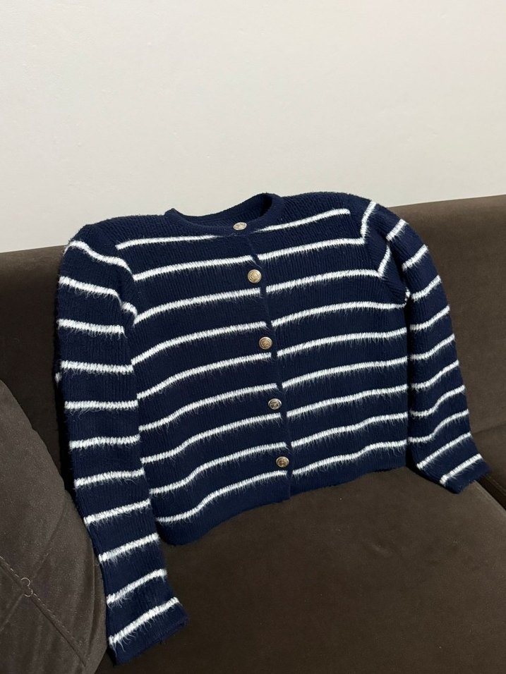 Lacivert Çizgili Kadın Triko Hırka - Görsel 3