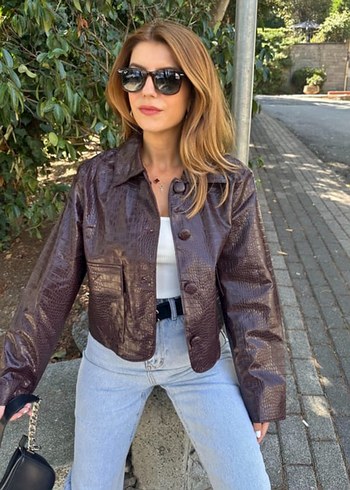 Düğmeli Yılan Desenli Kahverengi Deri Ceket son 3 adet M kaldı