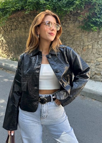 Deri Siyah Yılan Desenli Kemerli Ceket