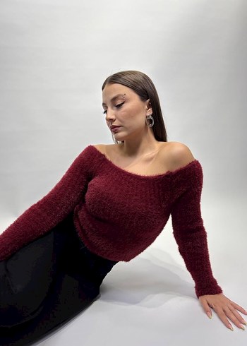 diğer Beden bordo Renk Bordo Kayık Yaka Örgü Kadın Kazak