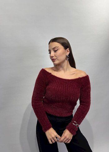 Bordo Kayık Yaka Örgü Kadın Kazak