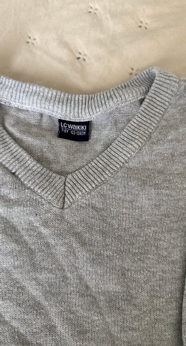 Gri Erkek Çocuk V Yaka Keten Kazak - Görsel 2