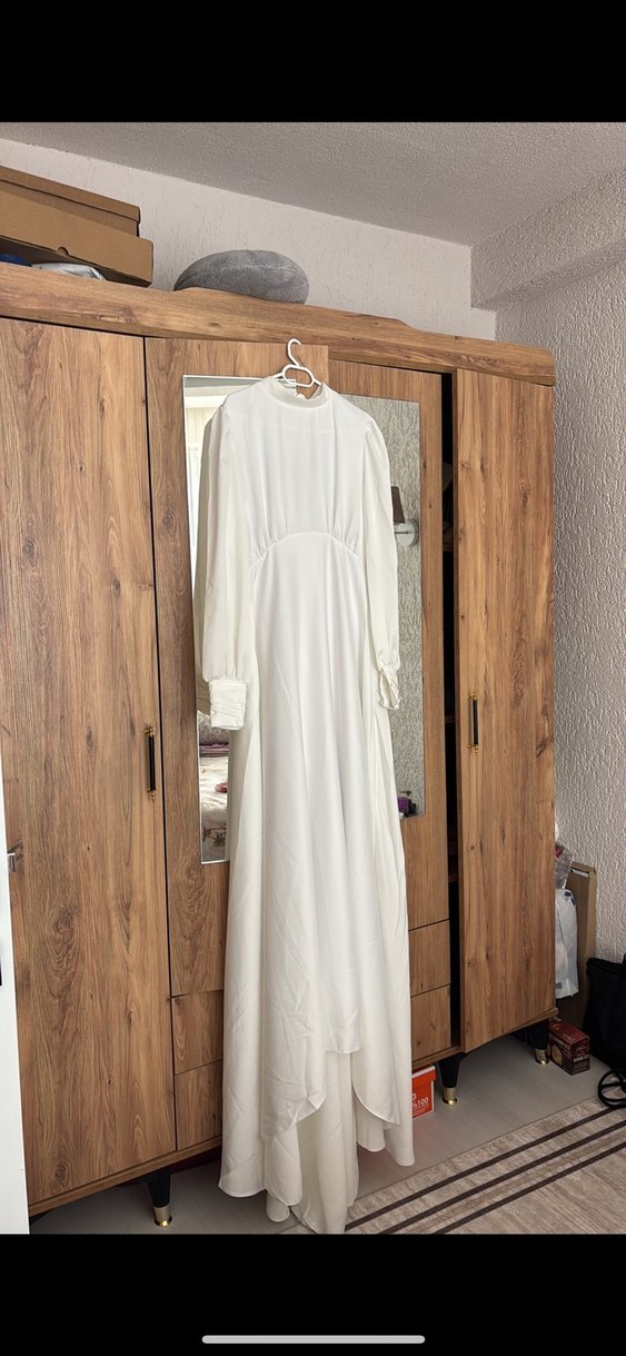 Uzun Kollu A Kesim Beyaz Gelinlik - Görsel 2