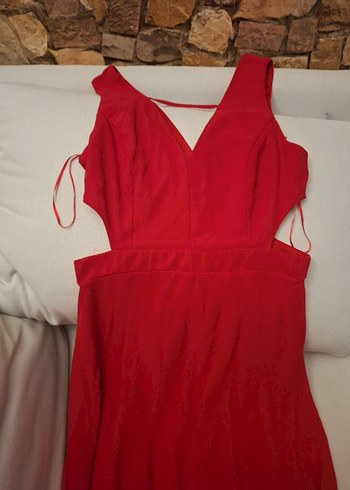 Parlak Kırmızı V Yaka Uzun Drapeli Elbise - Görsel 2