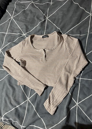 Bej Çizgili Kadın Uzun Kollu bluz - Görsel 3