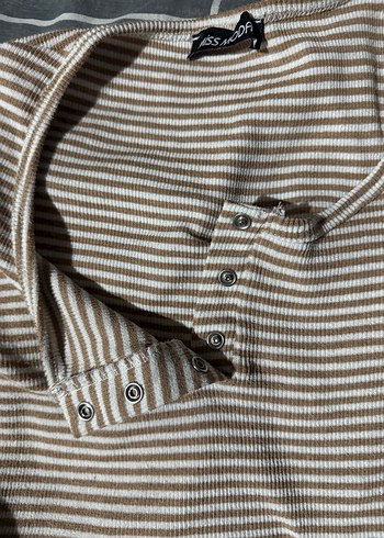 Bej Çizgili Kadın Uzun Kollu bluz - Görsel 2