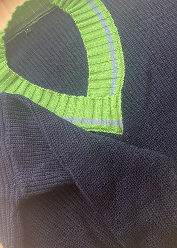 V Yaka Mavi Örgü Kadın Kazak - Görsel 3