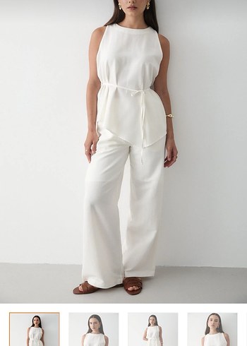 Beyaz Keten Midi Kadın Pantolon Üst Takım - Görsel 2