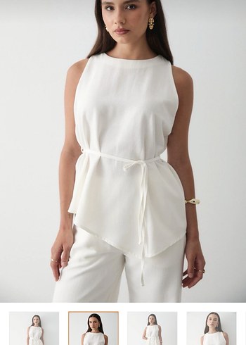 Beyaz Keten Midi Kadın Pantolon Üst Takım - Görsel 3