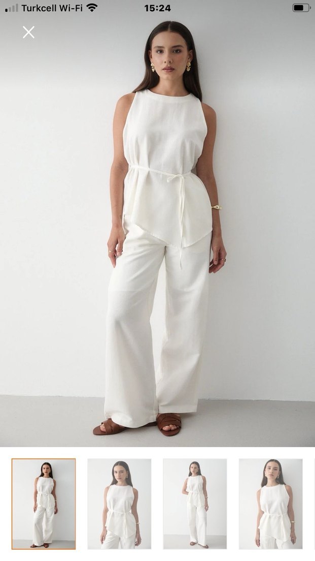 Beyaz Keten Midi Kadın Pantolon Üst Takım - Görsel 2