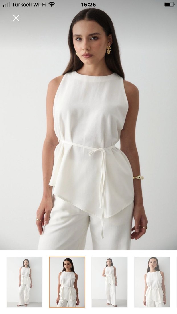 Beyaz Keten Midi Kadın Pantolon Üst Takım - Görsel 3