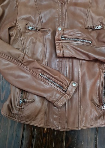 Kahverengi Deri Biker Ceket - Görsel 2