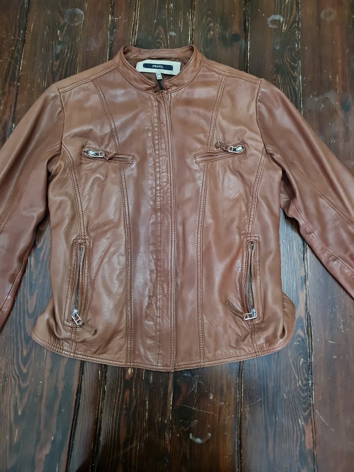 Kahverengi Deri Biker Ceket - Görsel 3