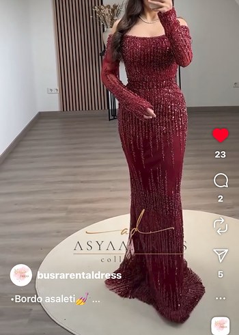 Bordo İşlemeli Uzun Abiye Elbise