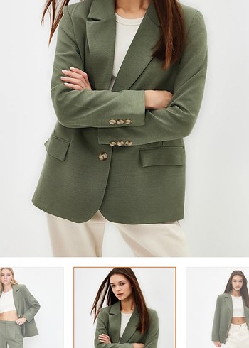 Kadın Haki Düğmeli Midi Blazer Ceket