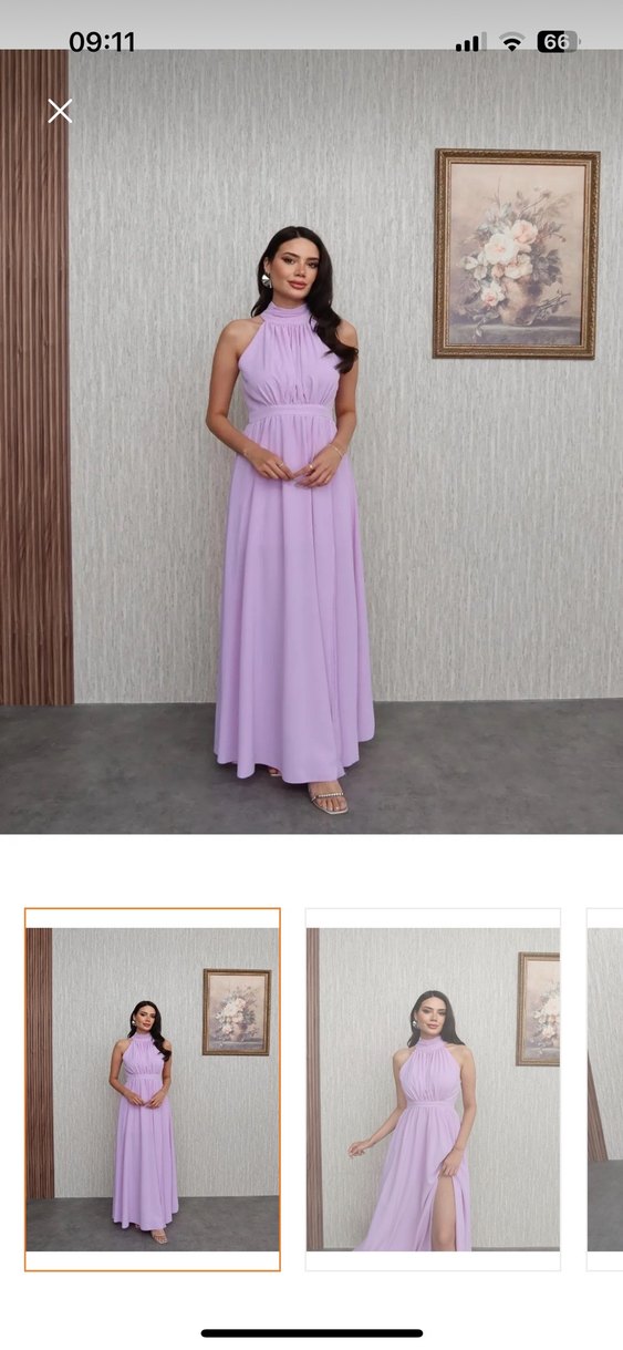 Mor Uzun halter Yaka Drapeli Kadın Elbise - Görsel 2