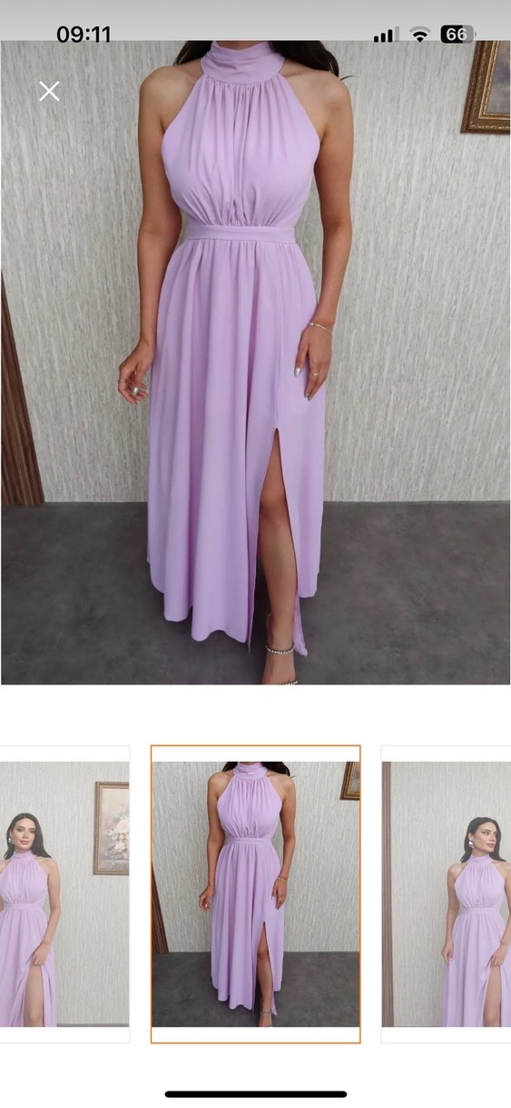 Mor Uzun halter Yaka Drapeli Kadın Elbise - Görsel 3