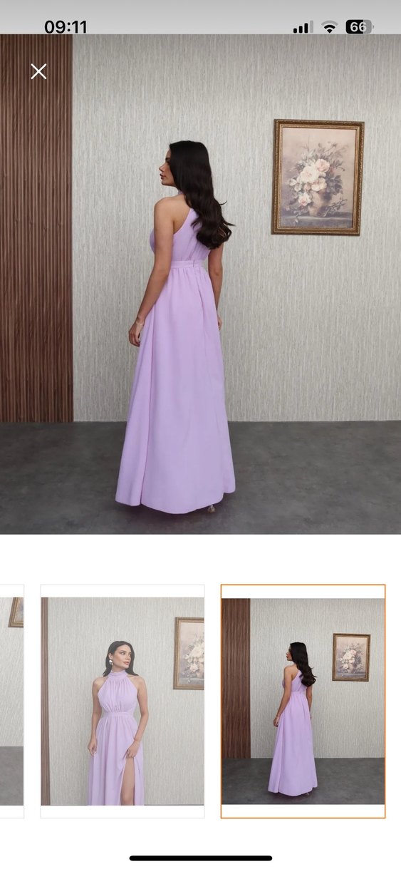 Mor Uzun halter Yaka Drapeli Kadın Elbise - Görsel 4