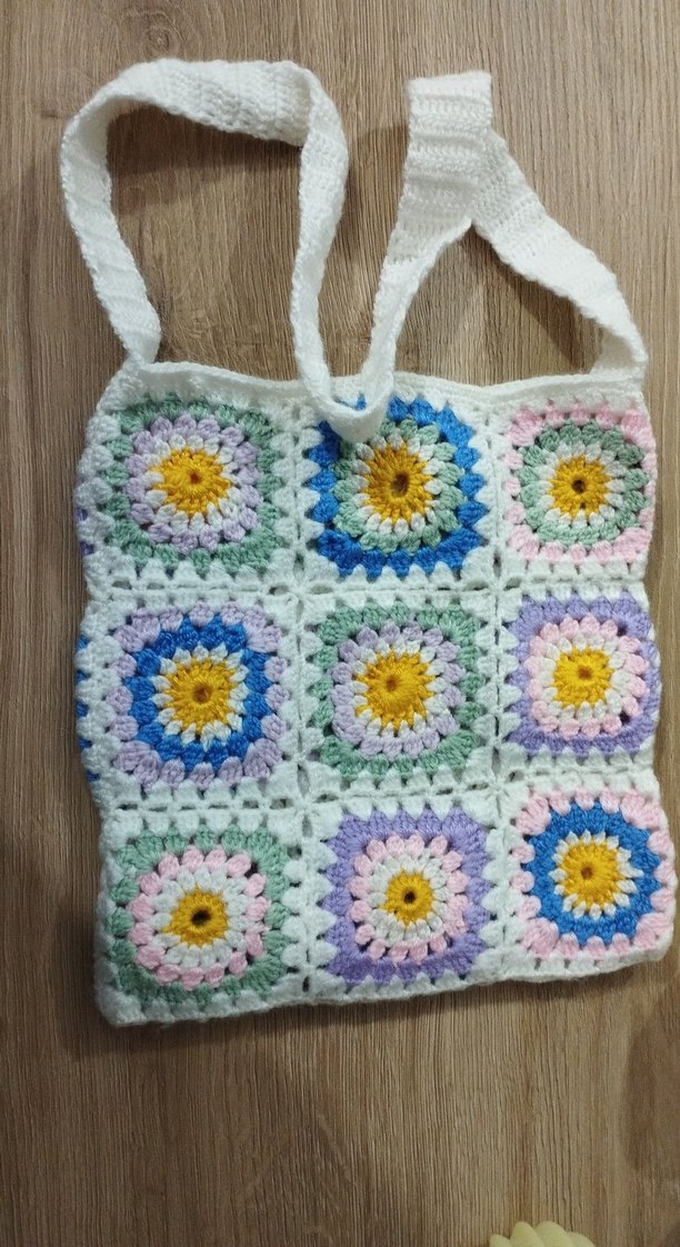 Çiçek Desenli Bohem Örgü Çanta - Görsel 2