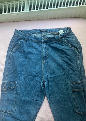 Kadın Mavi Bol Kesim Kargo Cep Kot Pantolon