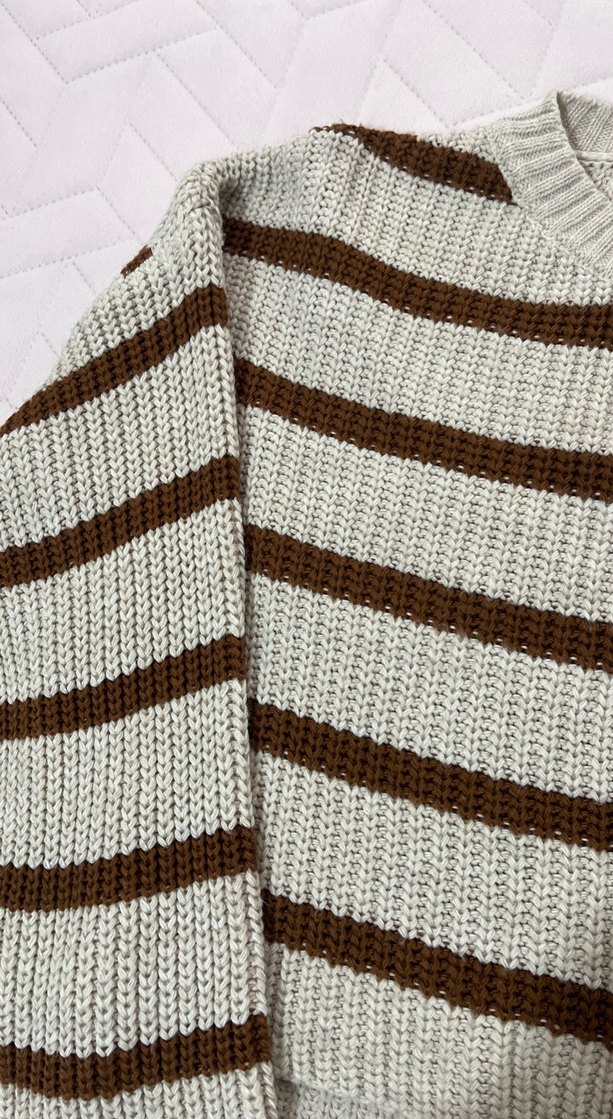 Çizgili Kahverengi Örgü Kadın Kazak - Görsel 2