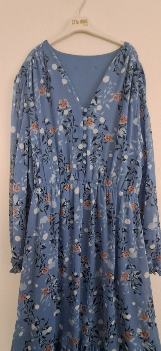 Mavi Bohem Uzun Elbise V Yaka Fırfır Detaylı - Görsel 2