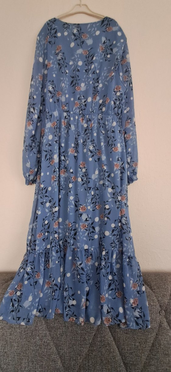 Mavi Bohem Uzun Elbise V Yaka Fırfır Detaylı - Görsel 3