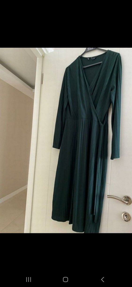 Yeşil V Yaka Uzun Kollu Pilili Kadın Elbise - Görsel 2