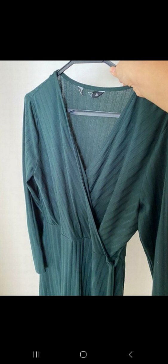 Yeşil V Yaka Uzun Kollu Pilili Kadın Elbise - Görsel 4