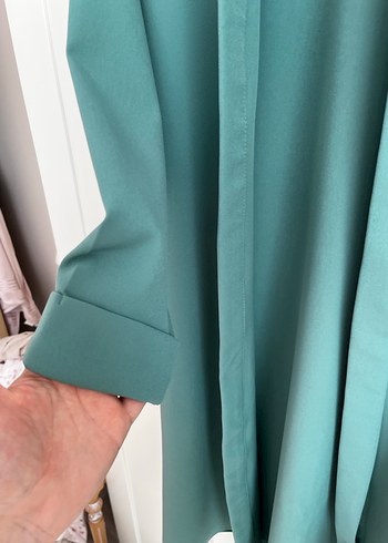Drapeli Uzun Yeşil Kadın Ceket - Görsel 3
