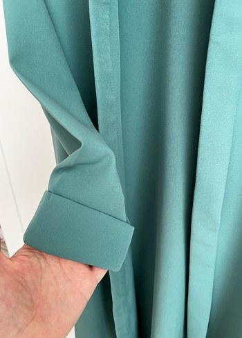 Drapeli Uzun Yeşil Kadın Ceket - Görsel 4