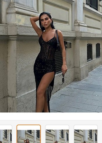 Siyah Payetli Uzun Straplez Kadın Elbise - Görsel 2