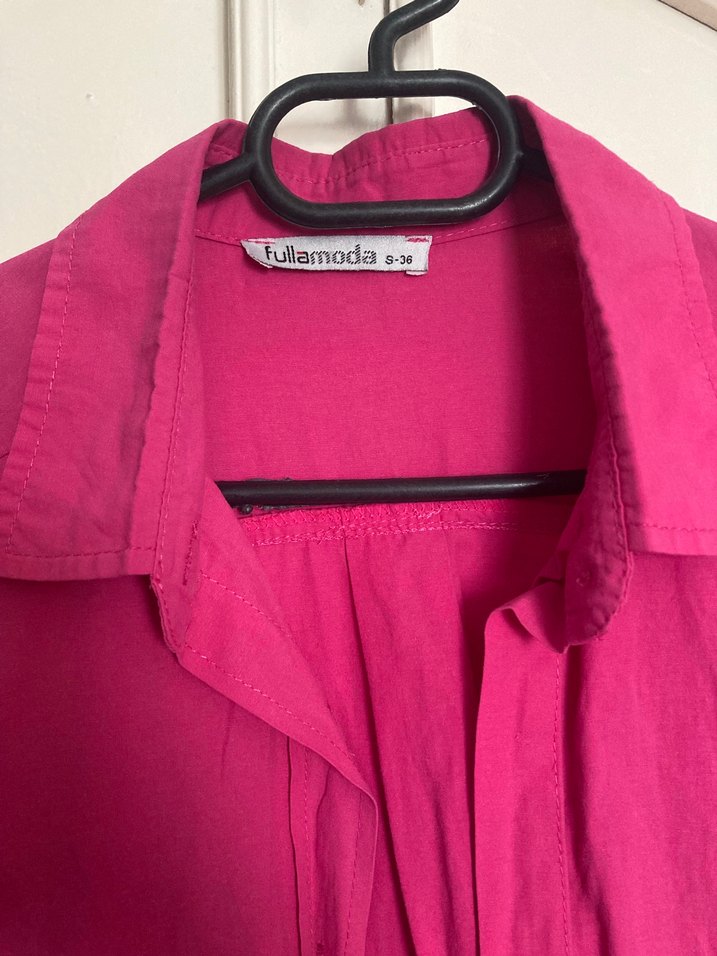 Düğmeli Pembe Keten Kadın Gömlek - Görsel 2