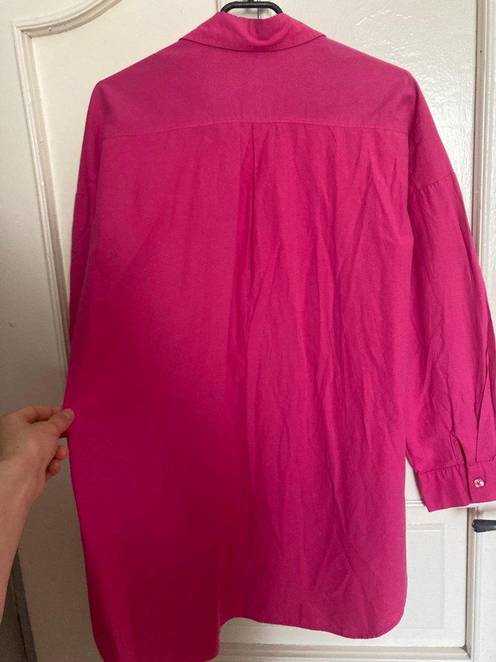 Düğmeli Pembe Keten Kadın Gömlek - Görsel 3