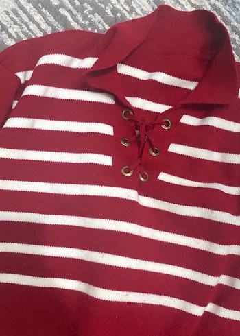 Bordo Beyaz Çizgili Örgü Kadın Kazak - Görsel 2