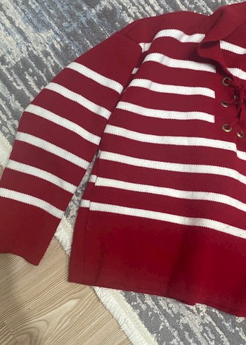 Bordo Beyaz Çizgili Örgü Kadın Kazak - Görsel 3