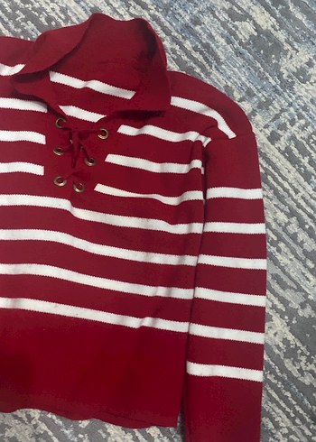 Bordo Beyaz Çizgili Örgü Kadın Kazak - Görsel 4