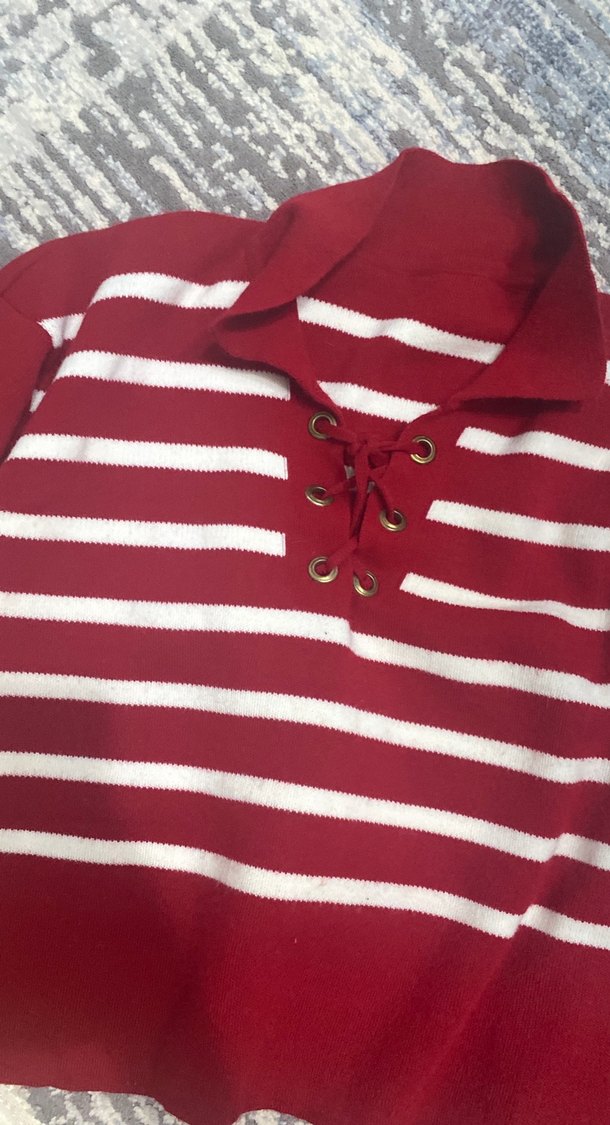 Bordo Beyaz Çizgili Örgü Kadın Kazak - Görsel 2