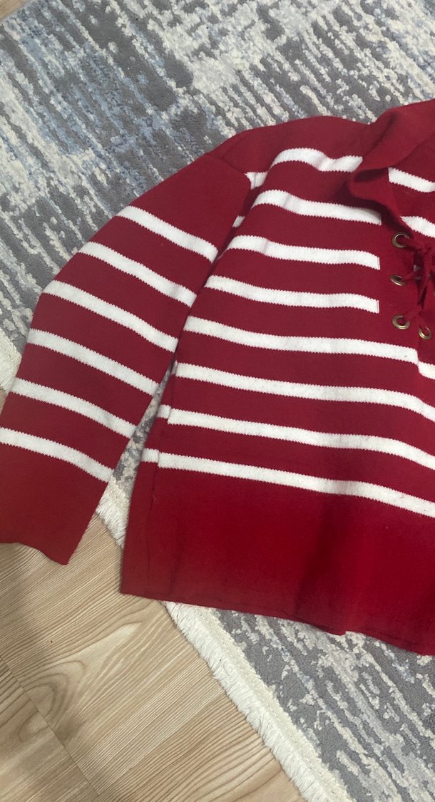 Bordo Beyaz Çizgili Örgü Kadın Kazak - Görsel 3