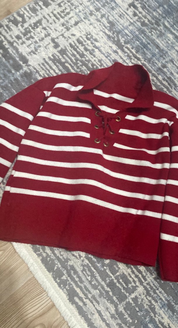 Bordo Beyaz Çizgili Örgü Kadın Kazak - Görsel 5