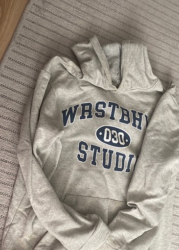 l Beden gri Renk Gri Kapüşonlu Baskılı Kadın Sweatshirt