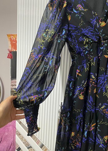 Uzun Kol V Yaka Bohem Desenli Elbise - Görsel 2